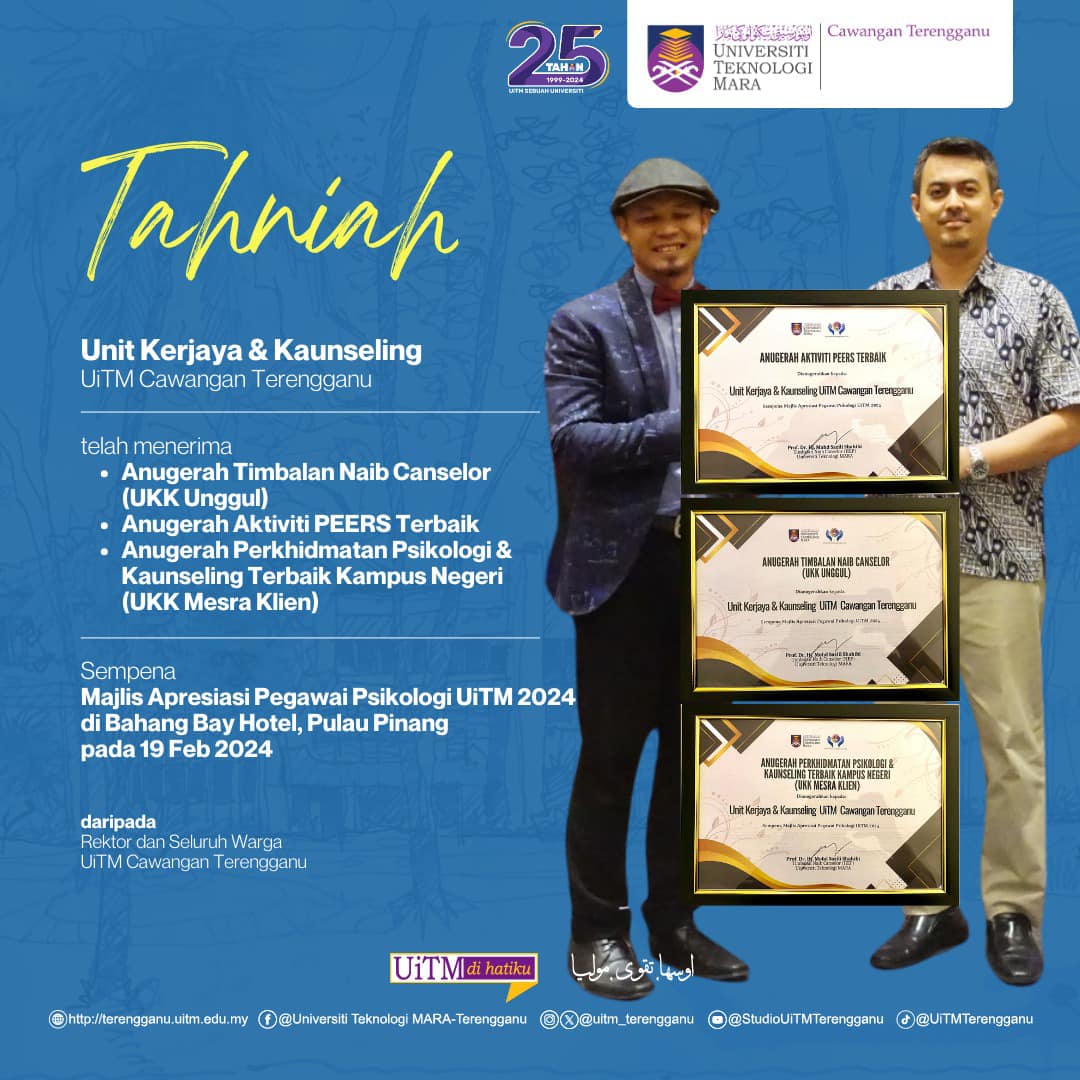 Tahniah Unit Kerjaya & Kaunseling UiTMCT atas penerimaan anugerah Sempena Majlis Apresiasi Pegawai Psikologi UiTM 2024