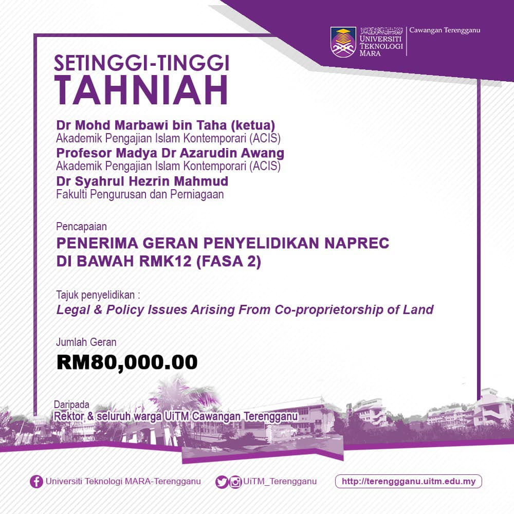 Tahniah kepada Penerima Geran Penyelidikan NAPREC di bawah RMK12 (fasa 2) berjumlah RM80,000.00