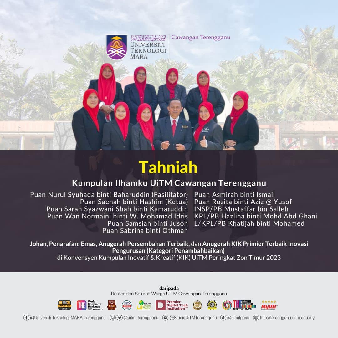 Congratulations to the UiTM Ilhamku Group Terengganu Branch at the Konvensyen Kumpulan Inovatif & Kreatif (KIK) UiTM Peringkat Zon Timur 2023.