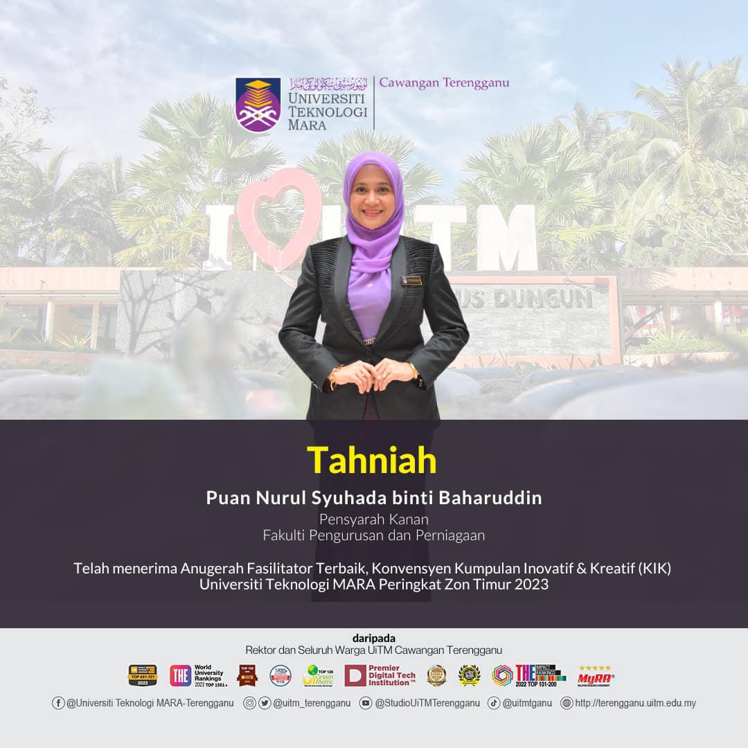Congratulations to Mrs. Nurul Syuhada binti Baharuddin, recipient of the Best Facilitator Award at Konvensyen Kumpulan Inovatif & Kreatif (KIK) Universiti Teknologi MARA Peringkat Zon Timur 2023