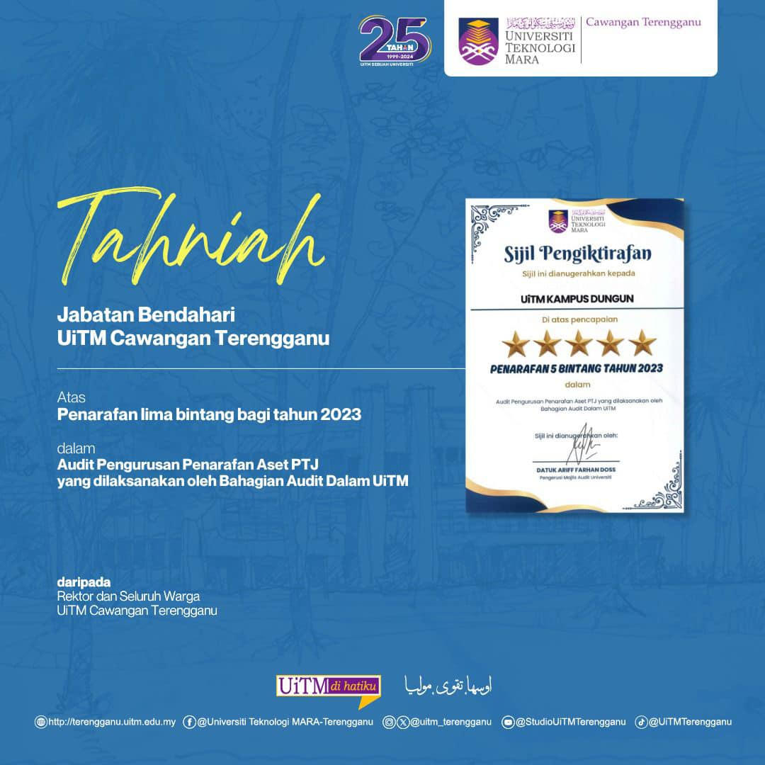 Congratulations to the UiTMCT Treasurer's Department for the five-star rating for the year 2023 in the PTJ Asset Rating Management Audit carried out by the UiTM Internal Audit Division