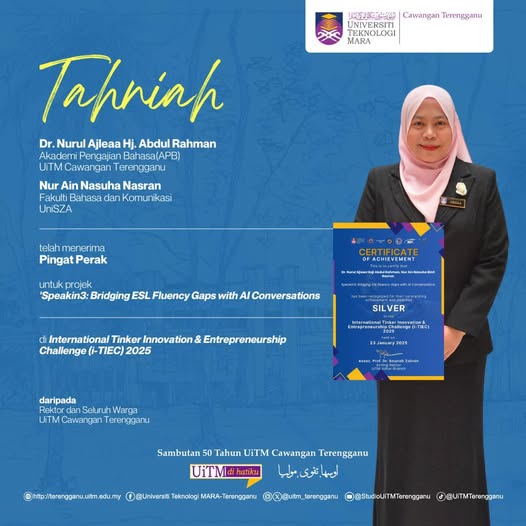 Congratulations to Dr. Nurul Ajleaa Hj. Abdul Rahman on achieving a Silver Medal for the project 