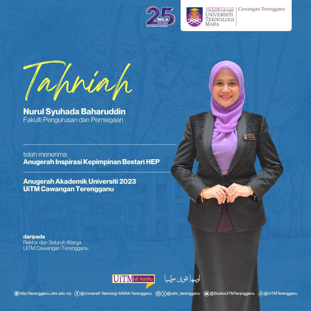 Congratulations to Nurul Syuhada Baharuddin for achieving the Bestari Leadership Inspiration Award for the University Academic Award 2023 UiTM Terengganu Branch