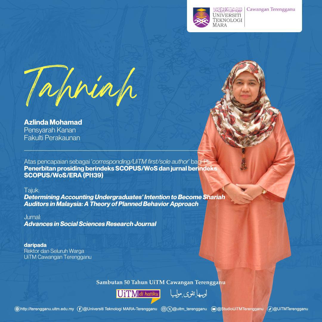 Congratulations to Azlinda Mohamad for her achievement as 'Corresponding / UiTM First / Sole Author' for PI: Publication of SCOPUS / WoS indexed proceedings and SCOPUS / WoS / ERA indexed journals (PI139)