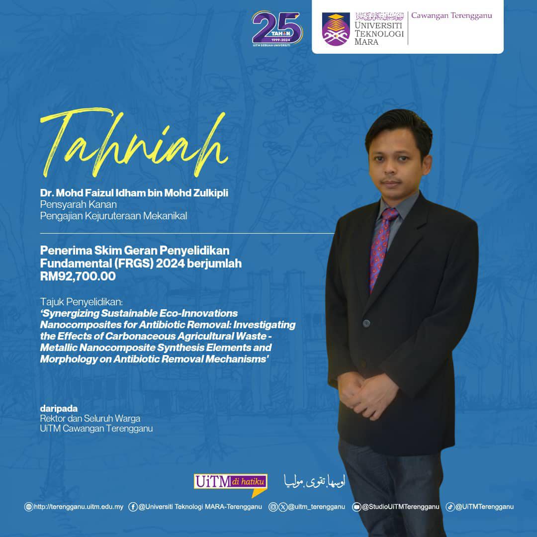 Tahniah Dr. Mohd Faizul Idham bin Mohd Zulkipli, Penerima Skim Geran Penyelidikan Fundamental (FRGS) 2024 berjumlah RM92,700.00 