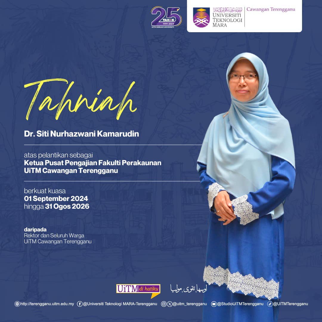 Congratulations Dr. Siti Nurhazwani Kamarudin on her appointment as Head of the Faculty of Accountancy UiTM Terengganu Branch