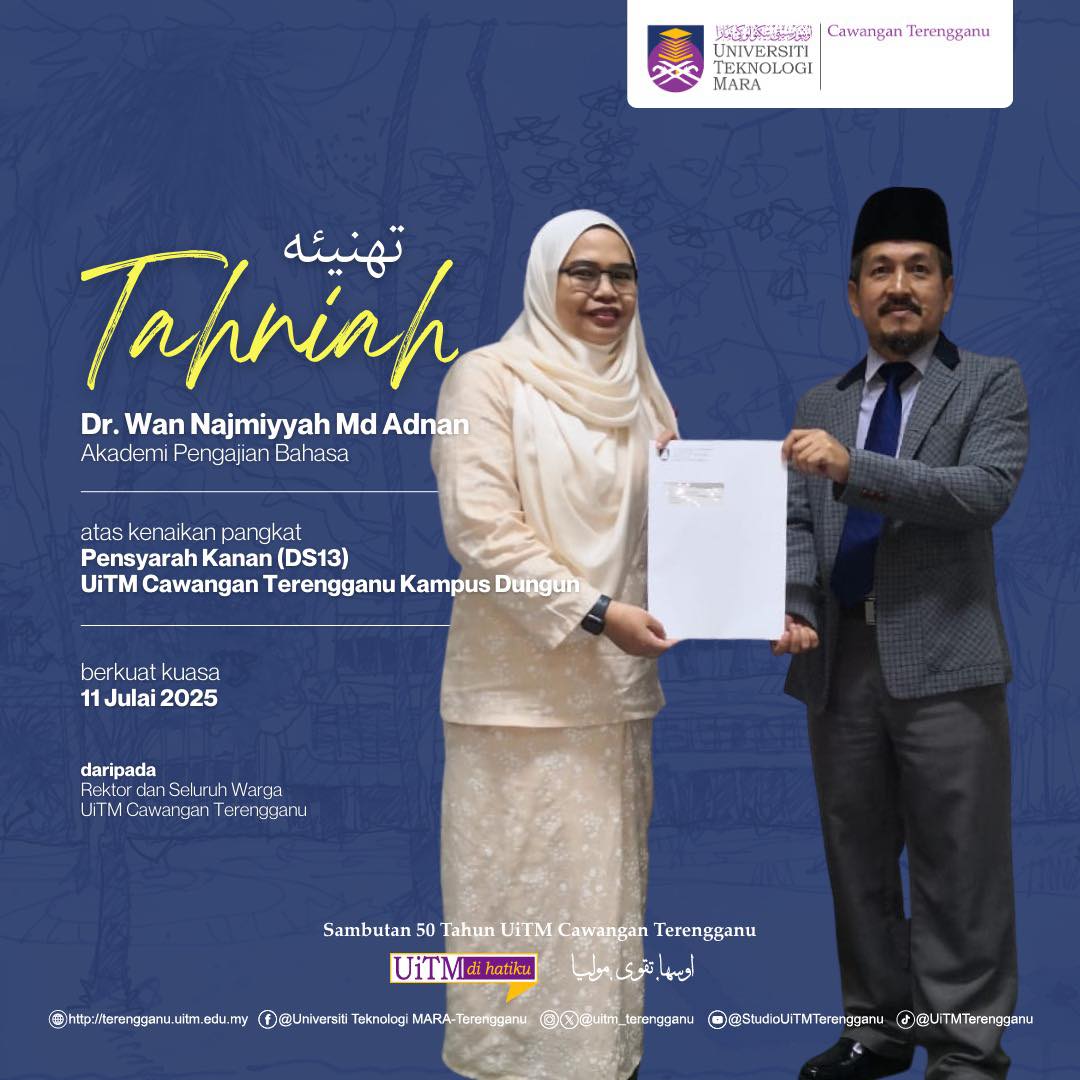 Congratulations to Dr. Wan Najmiyyah binti Md Adnan on her promotion to Senior Lecturer (DS13)