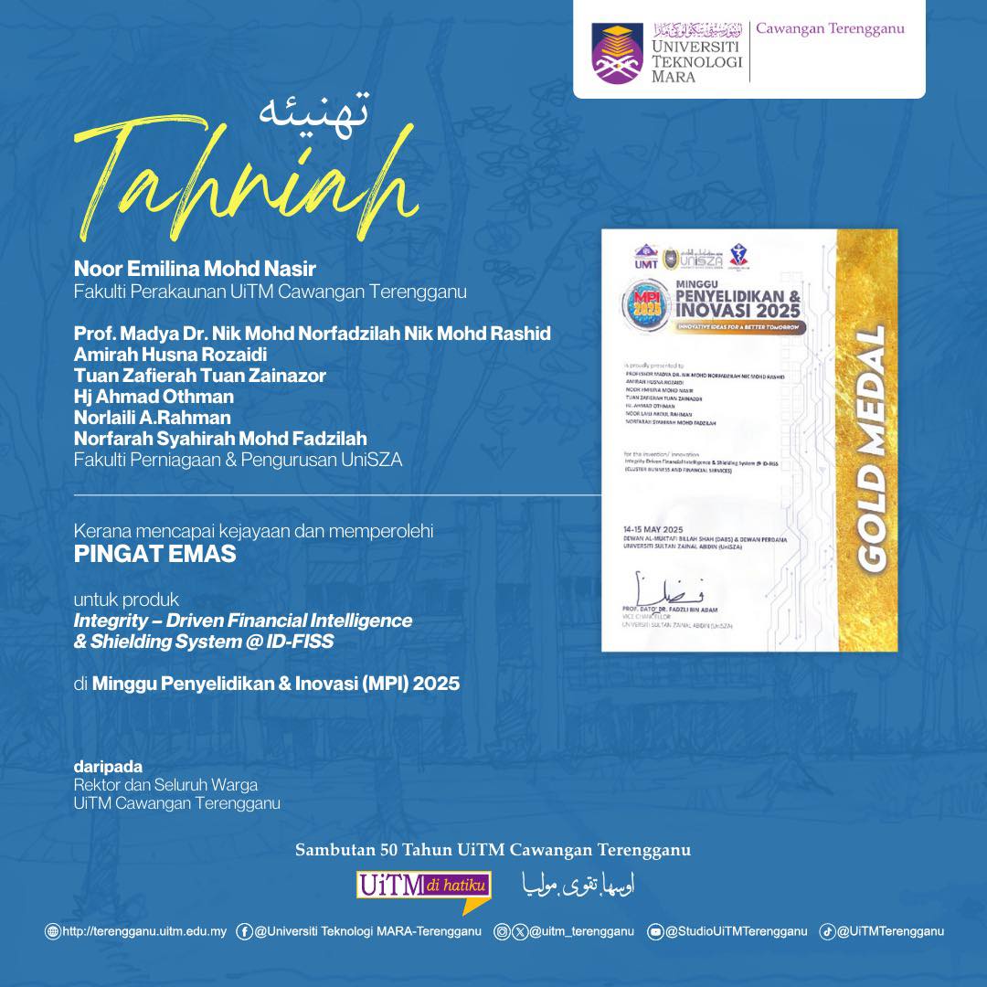 Congratulations to Noor Emilina Mohd Nasir on successfully obtaining the Gold Medal for the Integrity – Driven Financial Intelligence & Shielding System product @ ID-FISS at the Research & Innovation Week (MPI) 2025