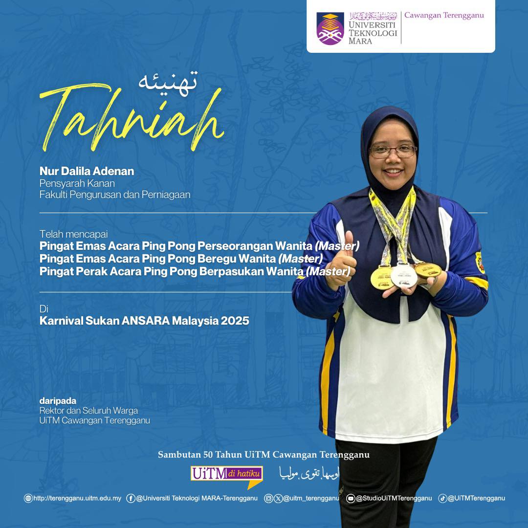 Tahniah Nur Dalila Adenan Telah menerima Pingat Emas Perseorangan Wanita (Master), Pingat Emas Acara Ping Pong Beregu Wanita (Master), Pingat Perak Acara Ping Pong Berpasukan Wanita (Master) di Karnival Sukan ANSARA Malaysia