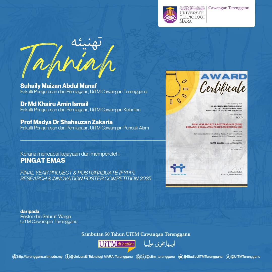 Congratulations to Suhaily Maizan Abdul Manaf for successfully obtaining the Gold Medal for the Final Year Project & Postgraduate (FYPP): Research & Innovation Poster Competition 2025
