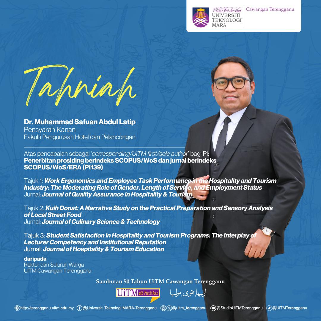 Tahniah Dr. Muhammad Safuan Abdul Latip atas pencapaian sebagai ‘Corresponding / UiTM First / Sole Author’ bagi PI: Penerbitan prosiding berindeks SCOPUS / WoS dan jurnal berindeks SCOPUS / WoS / ERA (PI139).