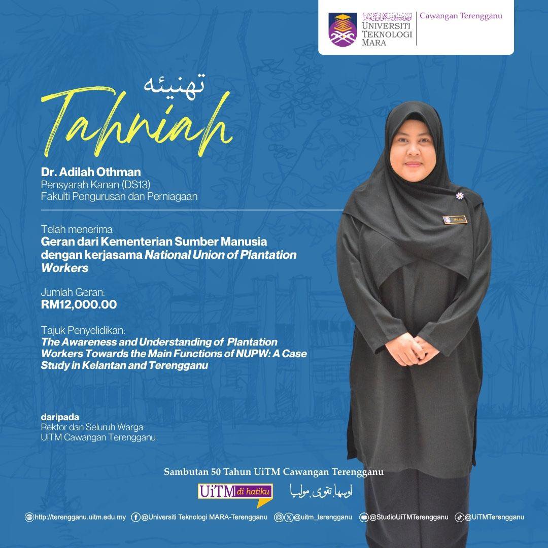 Congratulations Dr. Adilah Othman, receiving a grant from the Ministry of Human Resources in collaboration with the National Union of Plantation Workers with Grant Amount: RM12,000.00