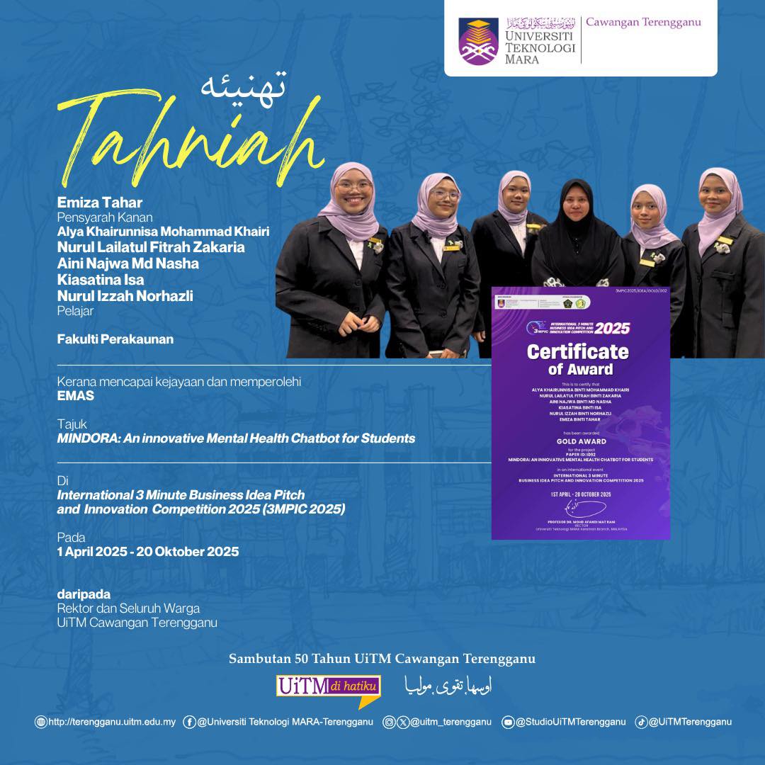 Tahniah atas kejayaan mencapai dan memperolehi EMAS di International 3 Minute Business Idea Pitch and Innovation Competition 2025 (3MPIC 2025).