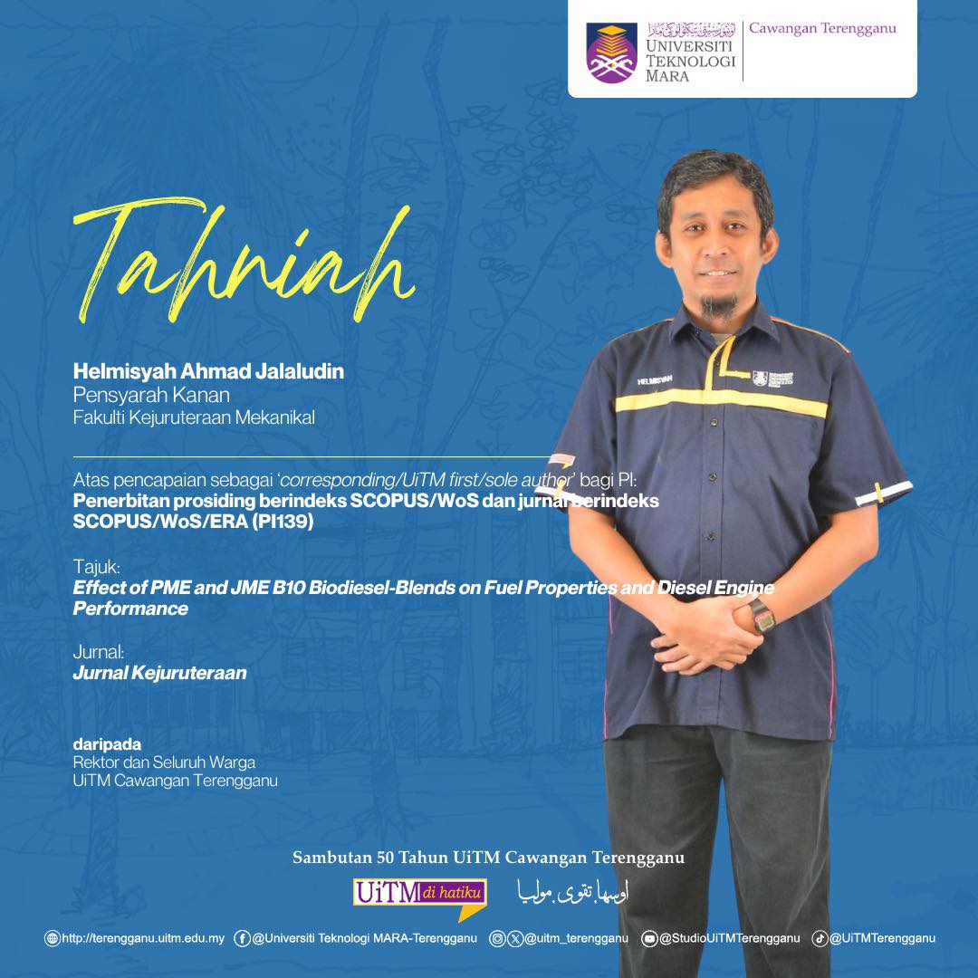 Tahniah Helmisyah Ahmad Jalaludin atas pencapaian sebagai ‘Corresponding / UiTM First / Sole Author’ bagi PI: Penerbitan prosiding berindeks SCOPUS / WoS dan jurnal berindeks SCOPUS / WoS / ERA (PI139).