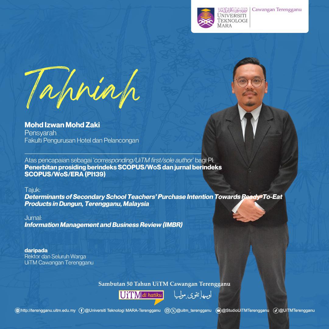 Tahniah Mohd Izwan Mohd Zaki atas pencapaian sebagai ‘Corresponding / UiTM First / Sole Author’ bagi PI: Penerbitan prosiding berindeks SCOPUS / WoS dan jurnal berindeks SCOPUS / WoS / ERA (PI139).