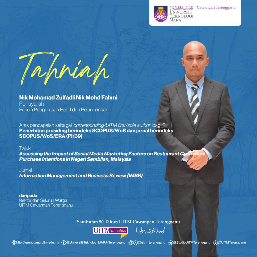 Tahniah Nik Mohamad Zulfadli Nik Mohd Fahmi atas pencapaian sebagai ‘Corresponding / UiTM First / Sole Author’ bagi PI: Penerbitan prosiding berindeks SCOPUS / WoS dan jurnal berindeks SCOPUS / WoS / ERA (PI139).