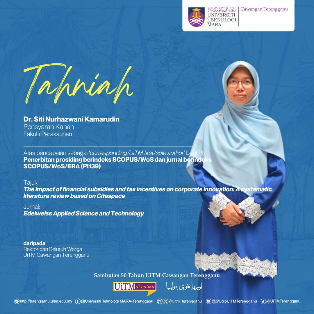 Tahniah Dr. Siti Nurhazwani Kamarudin atas pencapaian sebagai ‘Corresponding / UiTM First / Sole Author’ bagi PI: Penerbitan prosiding berindeks SCOPUS / WoS dan jurnal berindeks SCOPUS / WoS / ERA (PI139). 